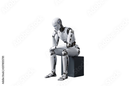 Obraz na płótnie White humanoid robot sitting in thinking pose isolated on background, artificial intelligence reflection concept cutout