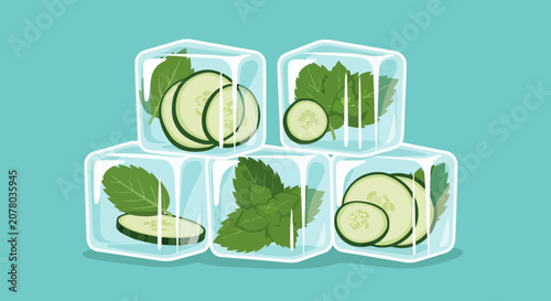 Refreshing Ice Cubes with Mint and Cucumber Slices.