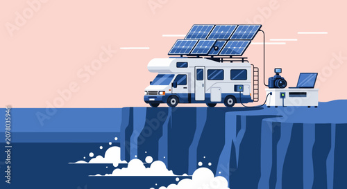 RV with Solar Panels on Cliff Edge.