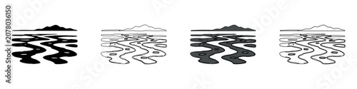 Fotografía Stylized river landscape with mountains and islands in four distinct graphic sty
