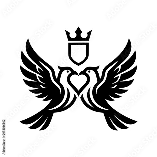 Twin Dove Birds Vector Logo Illustration with Crown and Heart Shield