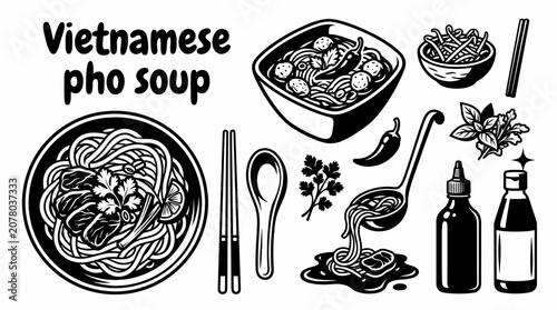 Tableau sur toile Vietnamese pho soup collection isolated for Southeast Asian cuisine, traditional dishes, restaurants, and food culture designs