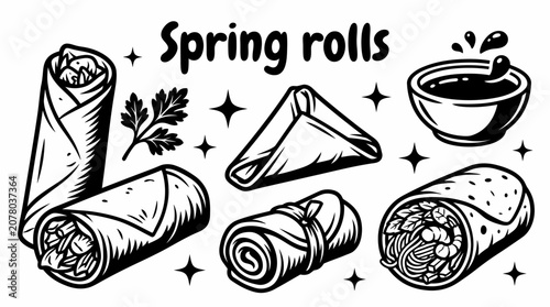 Bilde på lerret Spring rolls vector collection isolated for Asian appetizers, street food, healthy meals, and restaurant menu designs