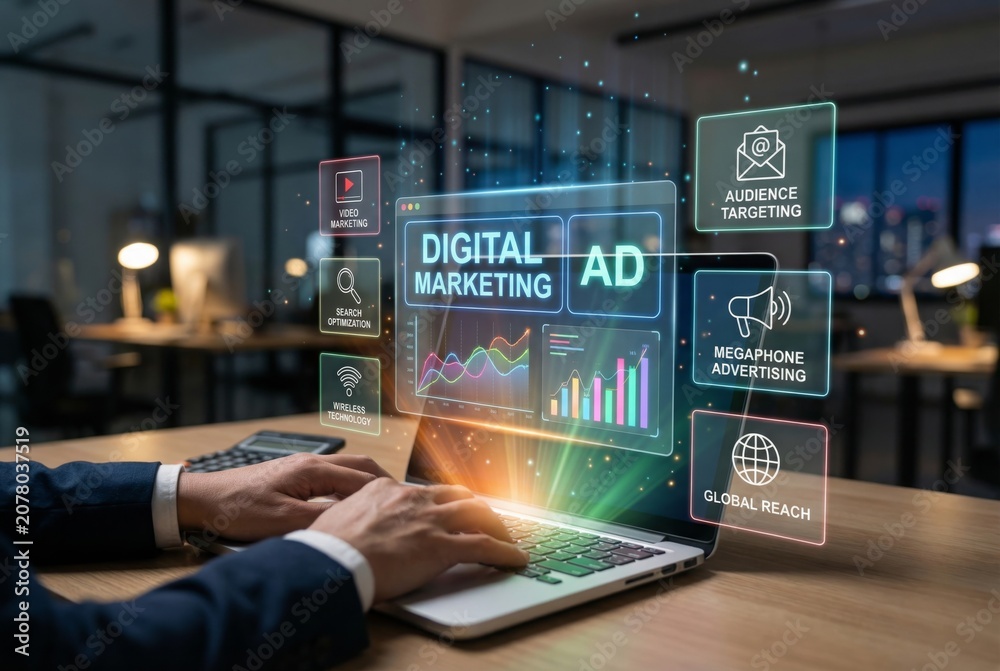 Obraz premium Digital marketing and megaphone advertising icons on laptop screen in modern office