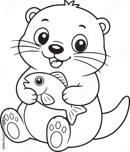 Cute Cartoon Otter Holding Fish Coloring Page Vector Illustration