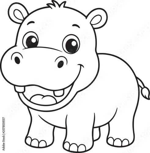 Cute Cartoon Hippopotamus Coloring Page Vector Illustration