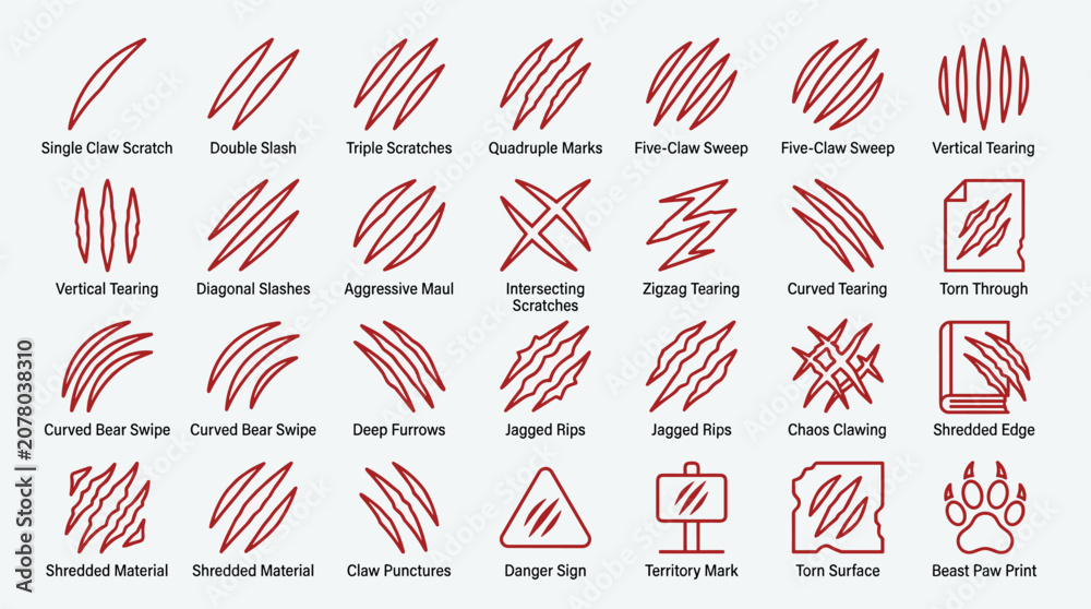 Obraz premium Set of sharp claw scratch marks and wild animal torn paper effects in vector illustration style for horror and action design projects and savage textures pack.