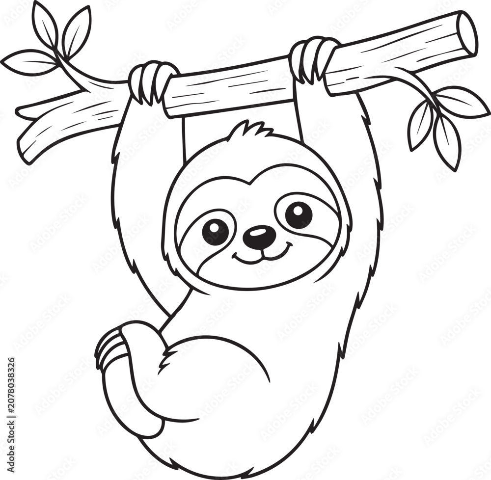 Fototapeta premium Cute Cartoon Sloth Hanging from Tree Branch Coloring Page Vector Illustration