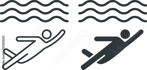 Underwater Swimming Stick Figure Icon Set Vector Illustration Collection with Line Art and Silhouette Pictograms of Swimmer Gliding Beneath Sea Waves