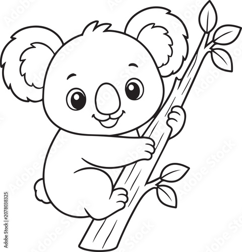 Cute Cartoon Koala Holding Bamboo Branch Coloring Page Vector Illustration
