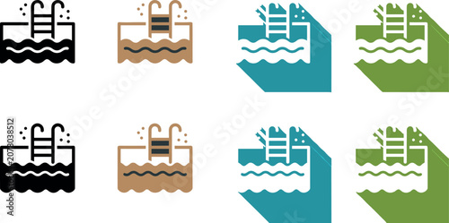 Swimming Pool Ladder Icon Set Vector Illustration Bundle Featuring Flat Long Shadow Line Art and Silhouette Water Step Symbols for UI App Designs