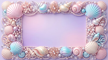 Sea shell border frame with pearls and jewels on pastel purple background for photo or text  empty template