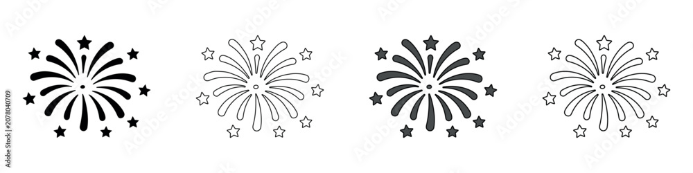 Fototapeta premium Set of four stylized fireworks icons in different graphic styles
