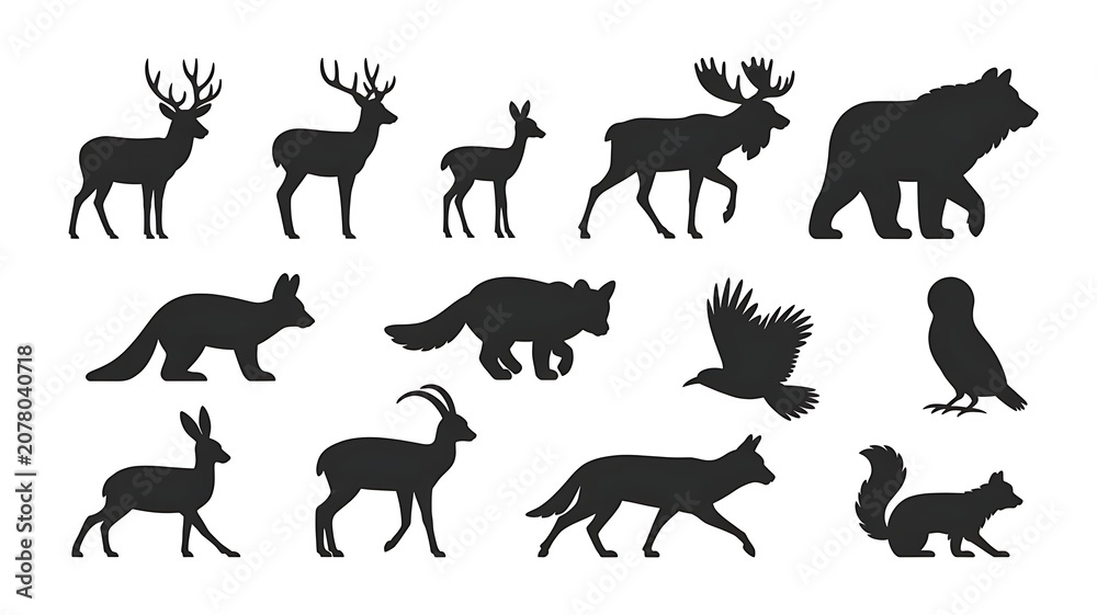 Fototapeta premium Silhouettes of woodland animals isolated on white background. Deer, doe, favn, moose, bear, fox, hare, owl, bird of prey, chamois, wolf, squirrel.