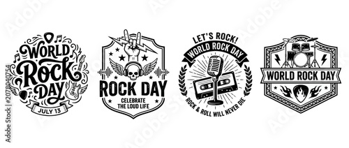 Four world rock day music festival vintage vector set illustrations