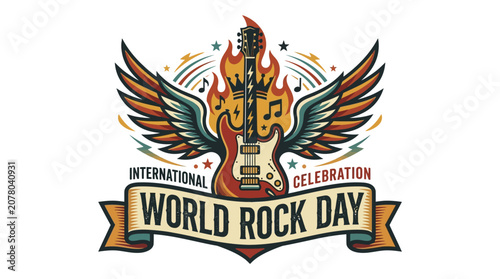 International world rock day celebration emblem with electric guitar