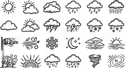 Canvastavla Hand Drawn Weather Forecast Icon Set Featuring Sun Clouds Rain Lightning Snow Wi