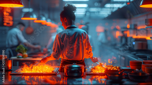 Conceptual Digital Artwork of Humanoid AI Chef Cooking in Modern Restaurant, Glowing Kitchen Tools, Futuristic Food Technology
