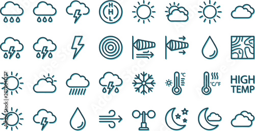 Konstfotografi Weather Forecast and Meteorology Line Icon Set Featuring Teal Offset Layer With