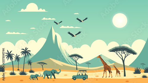 Photography african savanna scenery with elephants giraffes and mountains vector