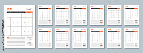 2027 Calendar Template. Minimalist Corporate Business Planner. Monday Start Monthly A4 Pages Set. Vector Illustration