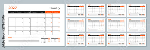 2027 Calendar Template. Minimalist Corporate Business Planner. Monday Start Monthly A4 Landscape Pages Set. Vector Illustration