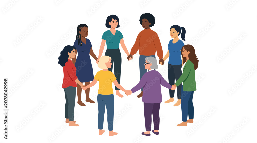 Fototapeta premium Diverse group of women holding hands in a circle representing unity and community