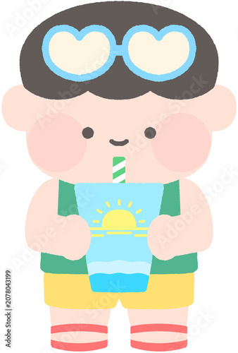 여름 summer 데코 키치 아이콘 하트 선글라스를 쓰고 주스를 마시는 어린이 일러스트 여름 휴가 바캉스 해변 음료 키즈 캐릭터 시원한 음료수 어린아이 아동 여름놀이 귀여운 캐릭터