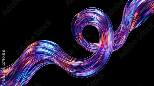 Abstract 3D metallic liquid wave with iridescent chromatic loop isolated on black background