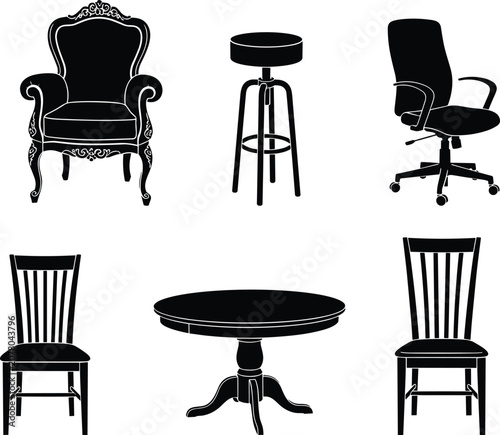 Furniture silhouette set including armchair office chair stool dining chairs and round table isolated on white background
