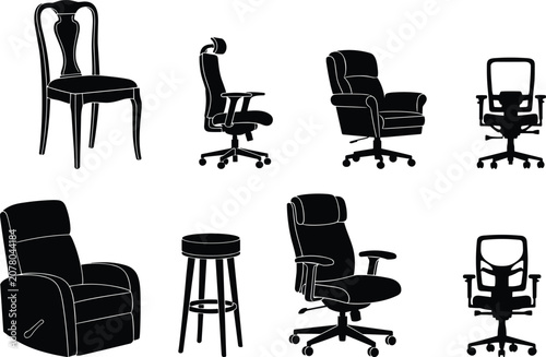 Office and home chair silhouettes collection featuring armchairs swivel chairs stools and classic dining chair isolated set