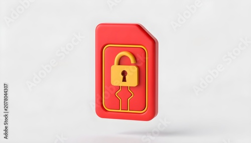 3D Render of Red Secure Lock on Digital Sim Card Tray with Gold Chip Close Up