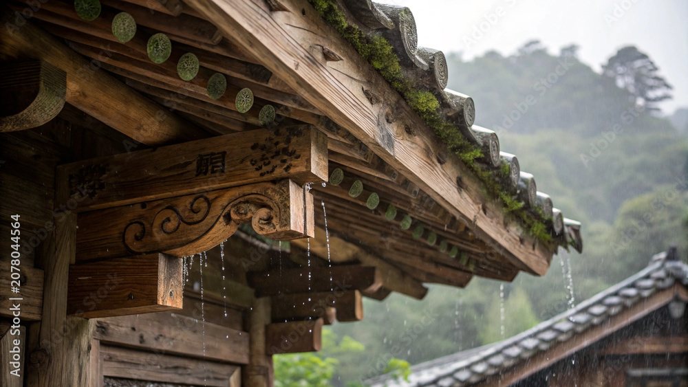 Obraz premium Traditional Korean Hanok Roof in the Rain