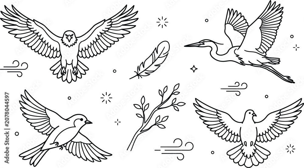 Fototapeta premium Hand drawn flying birds outline icons set with eagle heron dove sparrow feather branch and wind elements