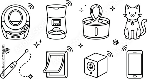 Photos Hand drawn smart pet care outline icons set with cat feeder litter box camera ph