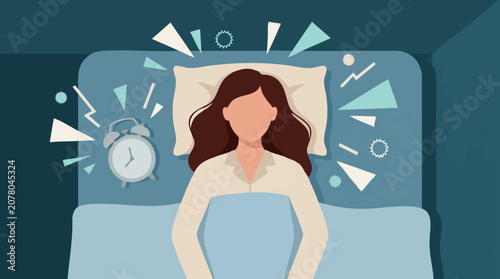Photos Sleepless woman lying in bed with a ringing alarm clock, illustration