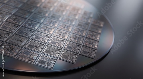 High density silicon semiconductor wafer with square chip dies 3D illustration with copy space