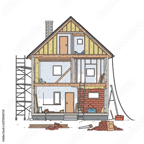 Cross section of a house under construction with exposed layers.
