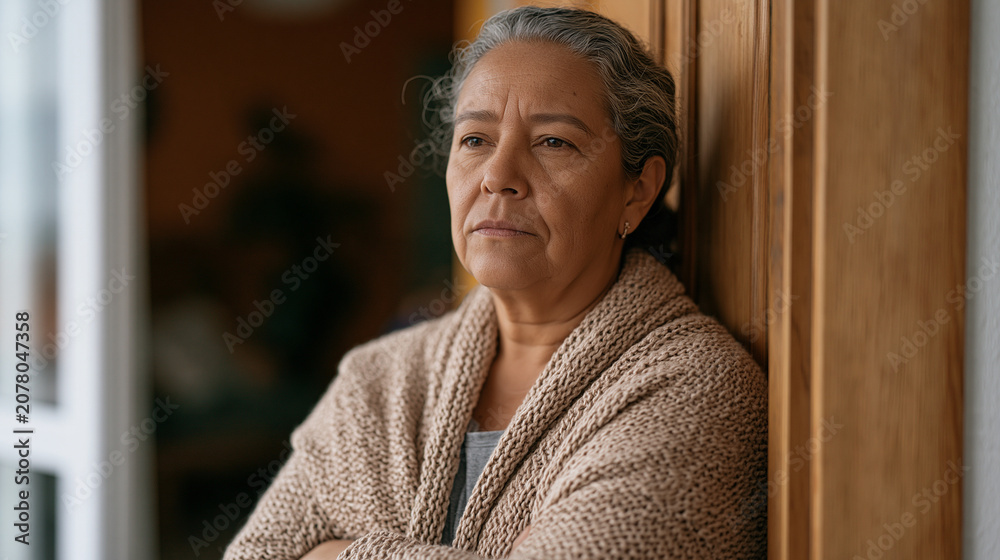 Obraz premium Roma caregiver in her fifties watching a dementia patient she has cared for daily not recognize her today, standing in a doorway of a care facility room, composure held by a