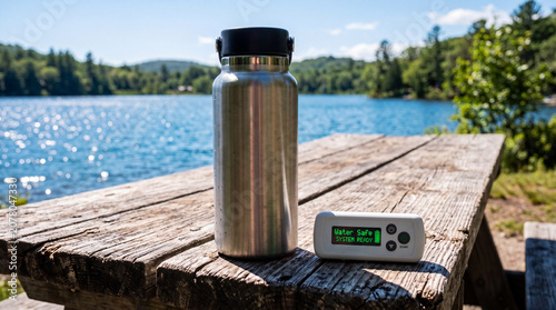 A stainless steel water bottle and a small electronic water purifier displaying 