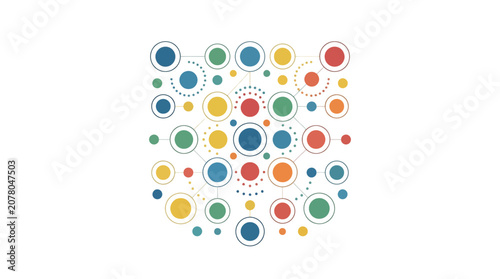 Abstract network of colorful circles and dots, connected nodes, technology concept