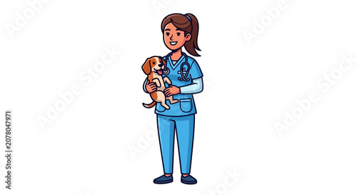 Female veterinarian examining a small brown dog in a clinical setting
