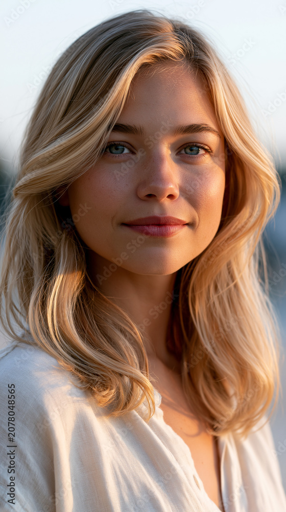 Fototapeta premium Blonde Frau blickt sanft lächelnd in die Kamera