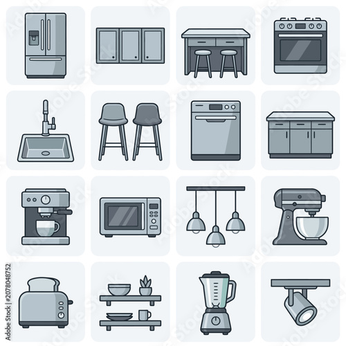 Flat Design Kitchen Appliances and Furniture Icons Set.