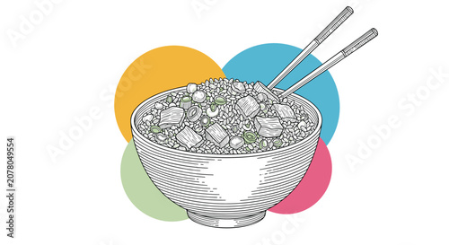 Detailed engraving of a bowl of fried rice with vegetables and meat served with chopsticks against colorful circles.