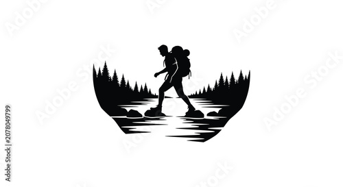 Принти на полотні Silhouette of hiker with backpack crossing water amidst forest trees