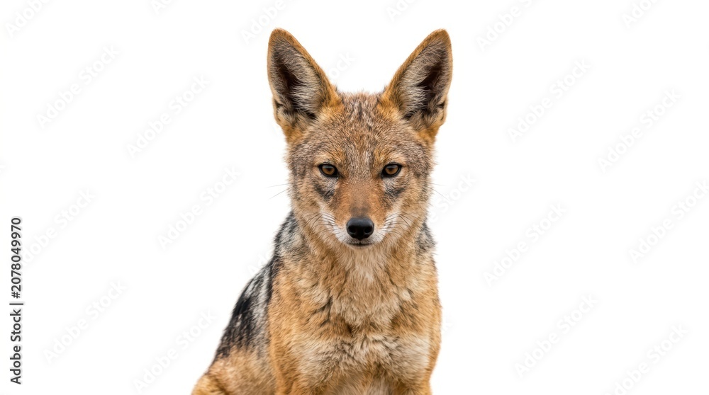 Obraz premium Portrait of a blackbacked jackal looking directly at the camera isolated on white background
