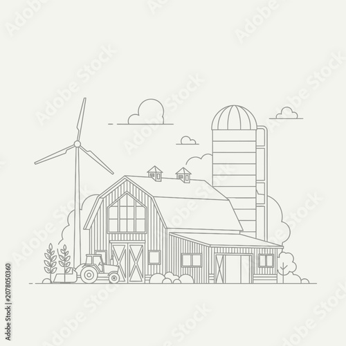 Minimalist farm landscape with barn silo tractor and wind turbine in line art style