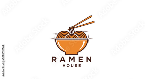 Minimalist ramen noodle bowl logo with chopsticks and japanese text