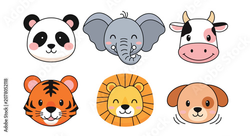 Cartoon Animal Faces Collection in Grid Layout.
